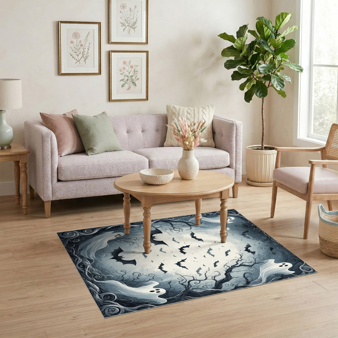 Moonlit Ghosts and Bats Black White Area Rug
