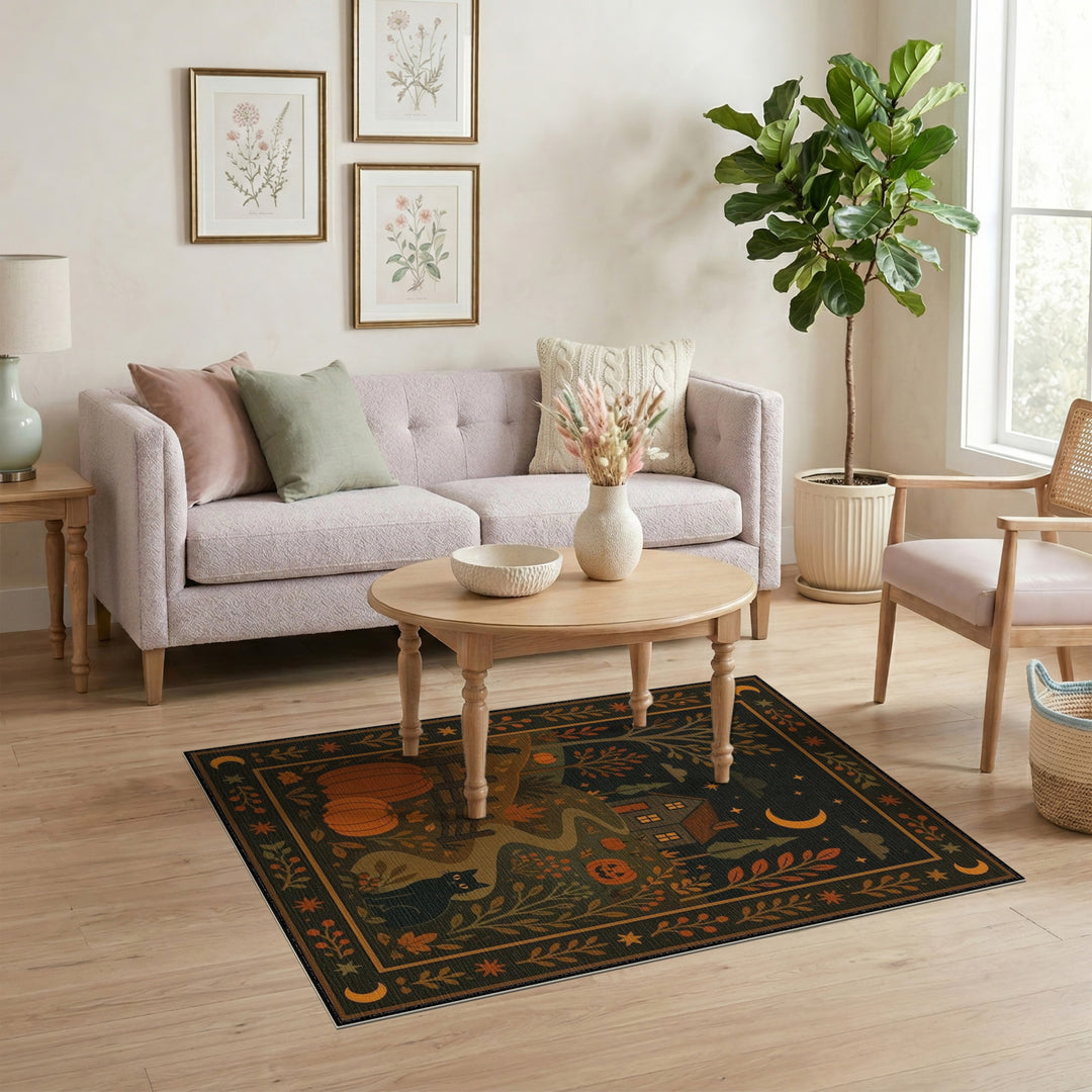 Washable Rustic Farmhouse Pumpkin Cat Area Rug