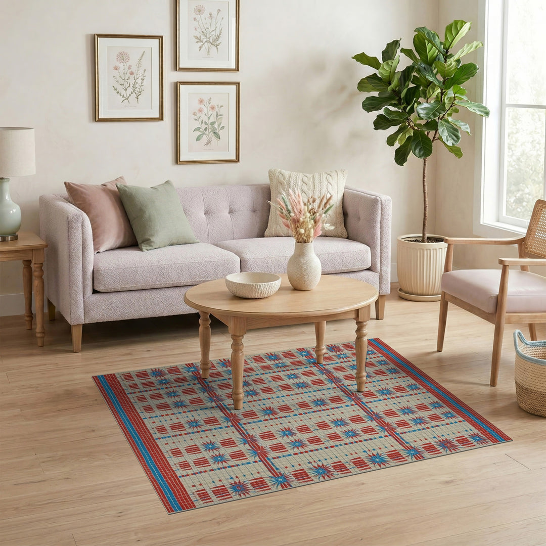 Geometric Modern Red Blue Starburst Geometric Area Rug