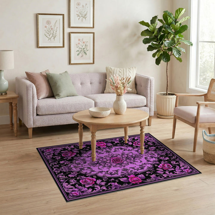 Purple Floral Vintage Area Rug with Pink Roses