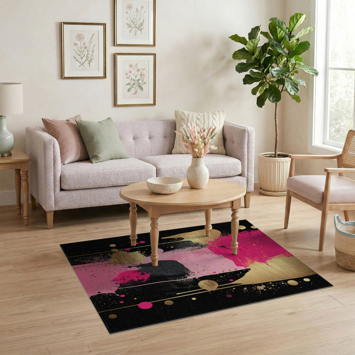 Pink Abstract Gold Drip Area Rug