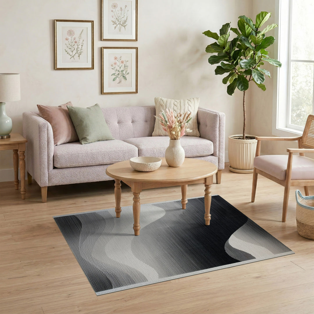 Black White Abstract Wave Area Rug