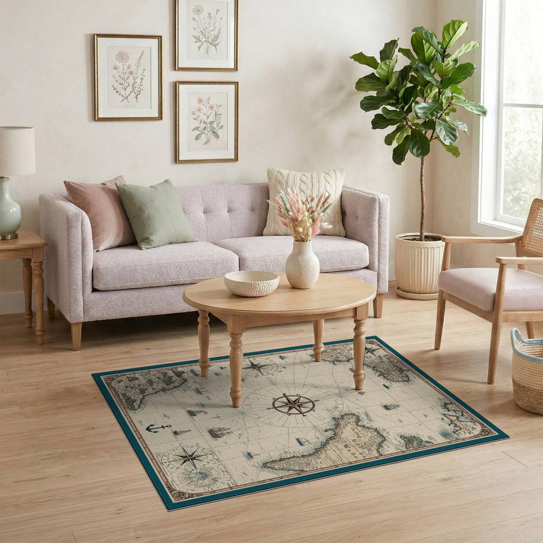 Vintage Nautical Map Area Rug with Compass