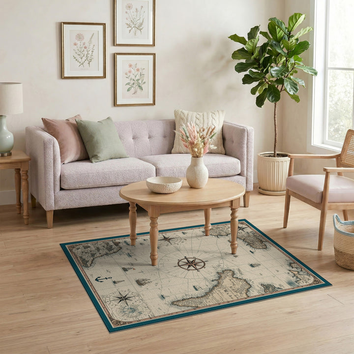 Vintage Nautical Map Area Rug with Compass