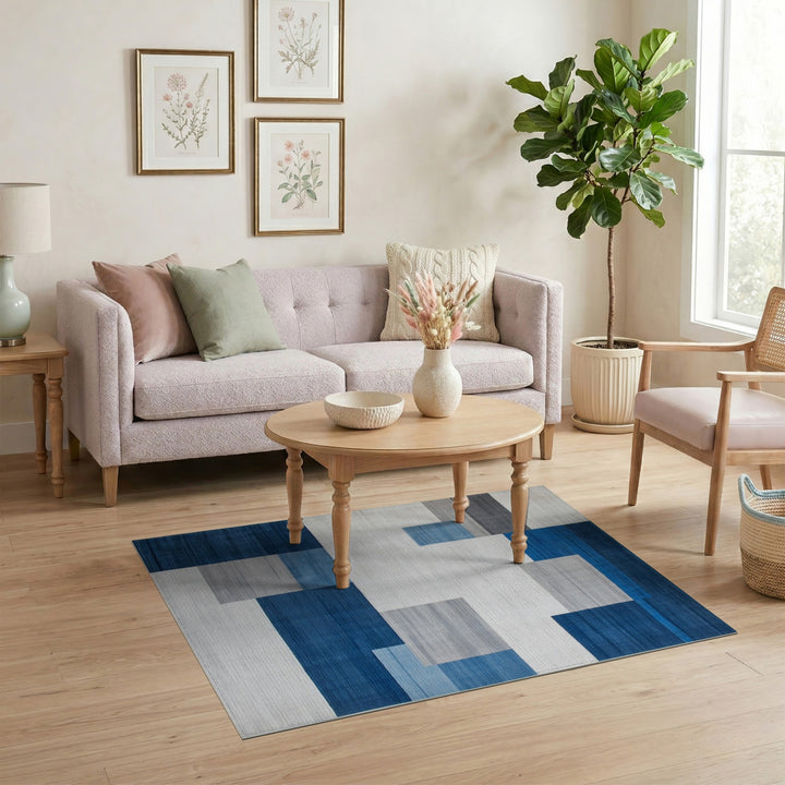 Geometric Modern Blue and Teal Blue Geometric Block Area Rug