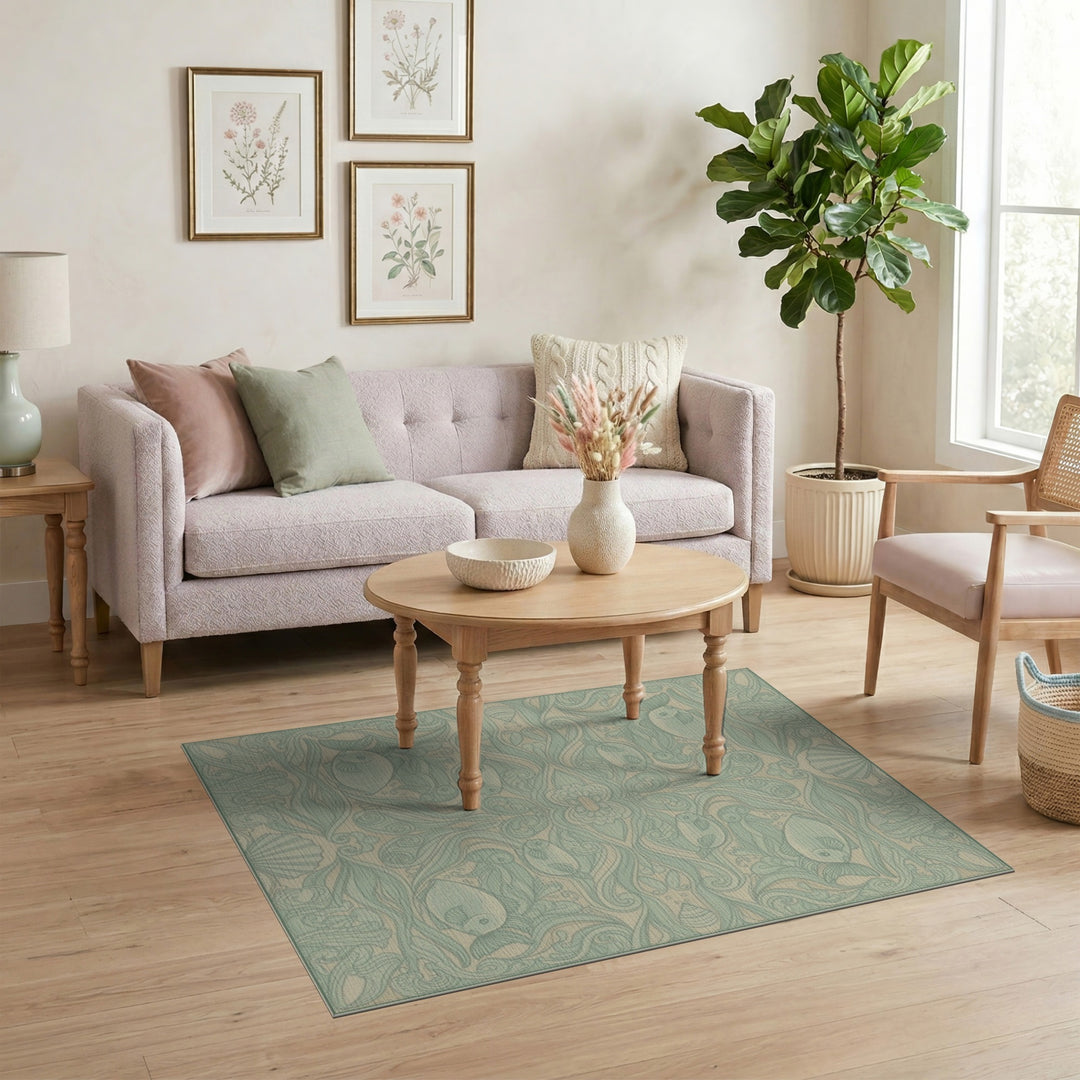 Teal Fish and Shells Coastal Area Rug