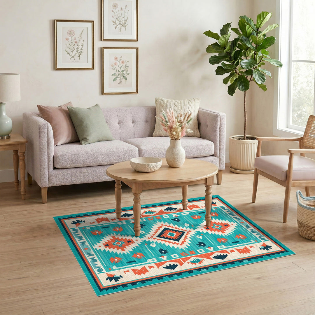 Southwestern Teal Geometric Blue and Teal Area Rug