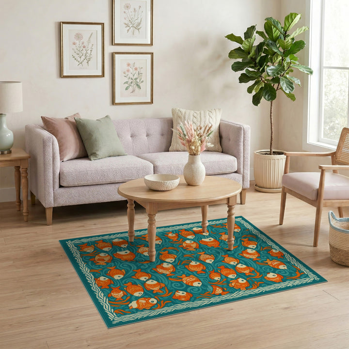 Orange Fish School Teal Coastal Area Rug
