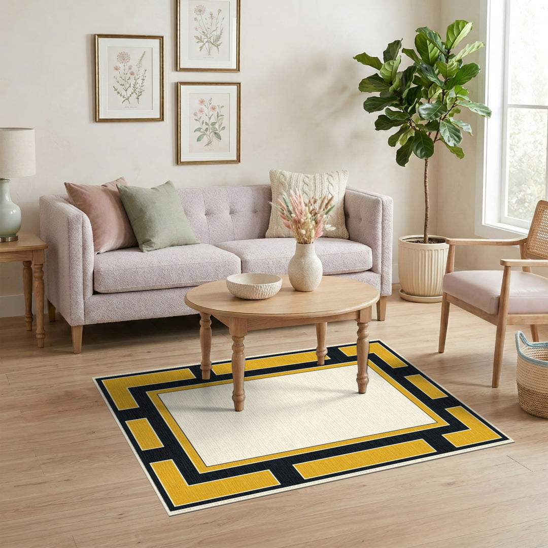 Gold Geometric Border Area Rug