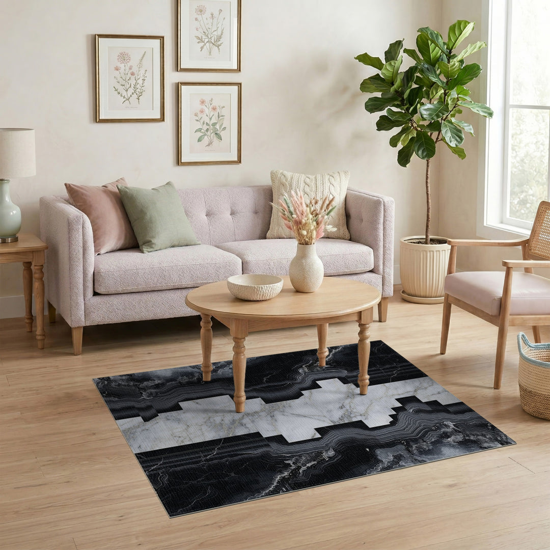 Black and White Black White Marble Geometric Area Rug