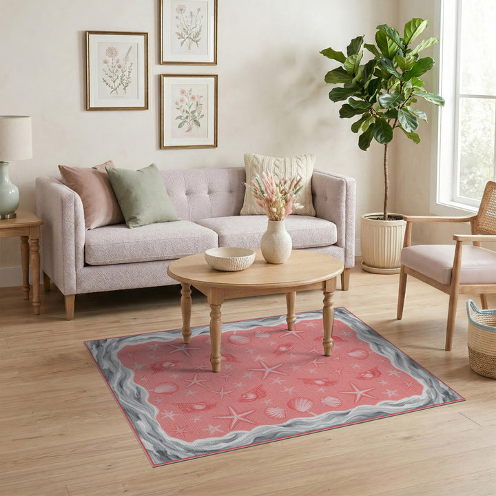 Pink Coastal Beach Pink Coastal Seashell Starfish Area Rug