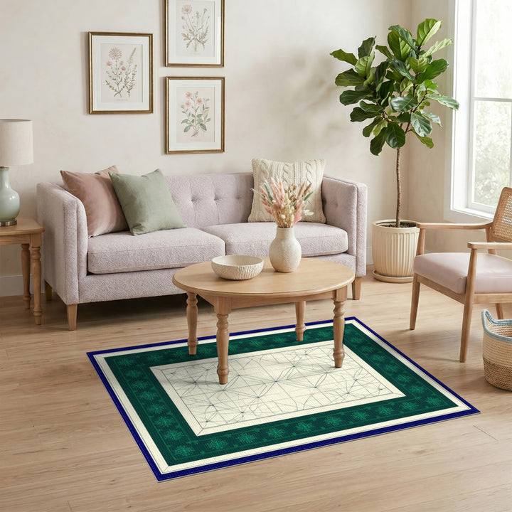 Teal Geometric Snowflake Border Area Rug