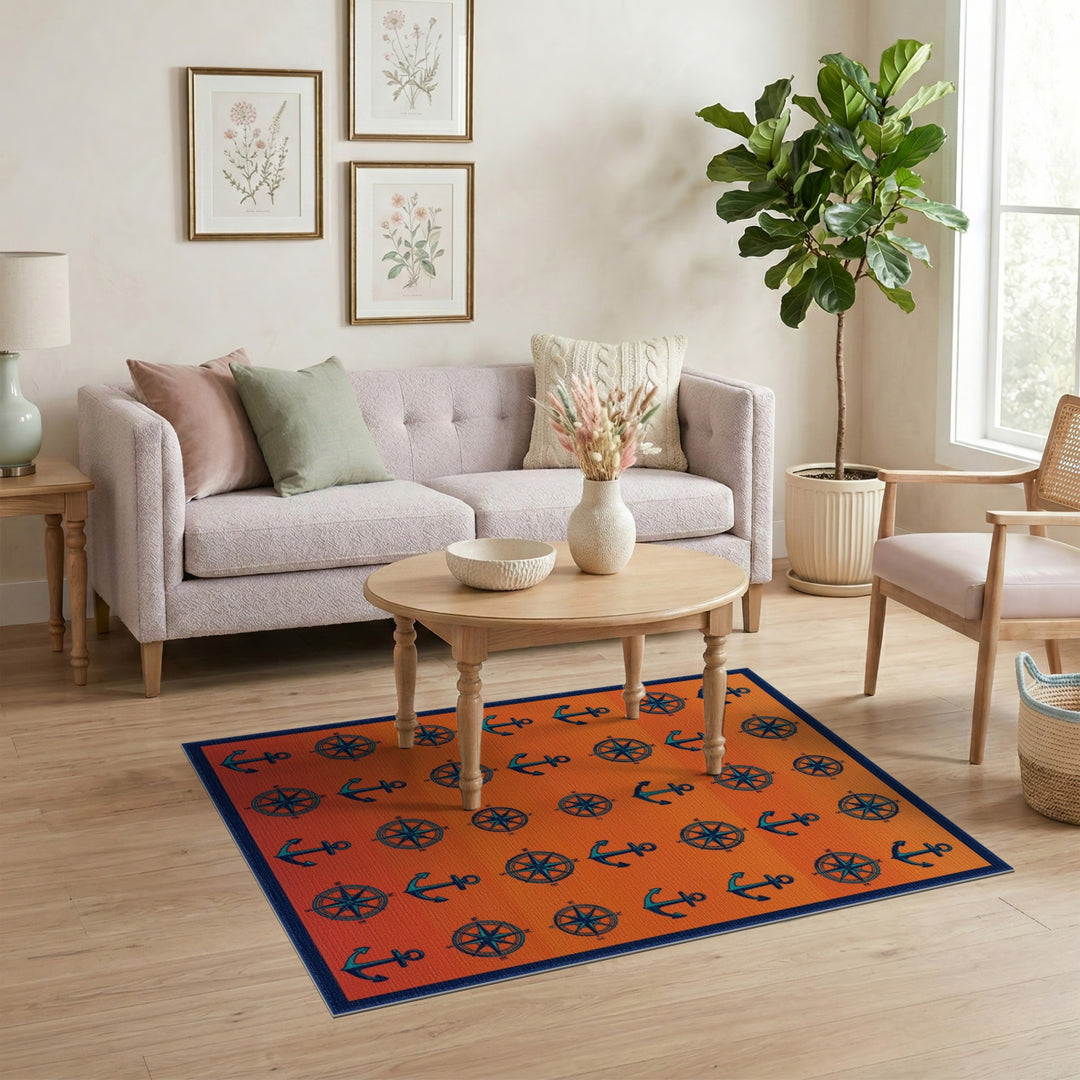 Orange Anchor Compass Coastal Area Rug