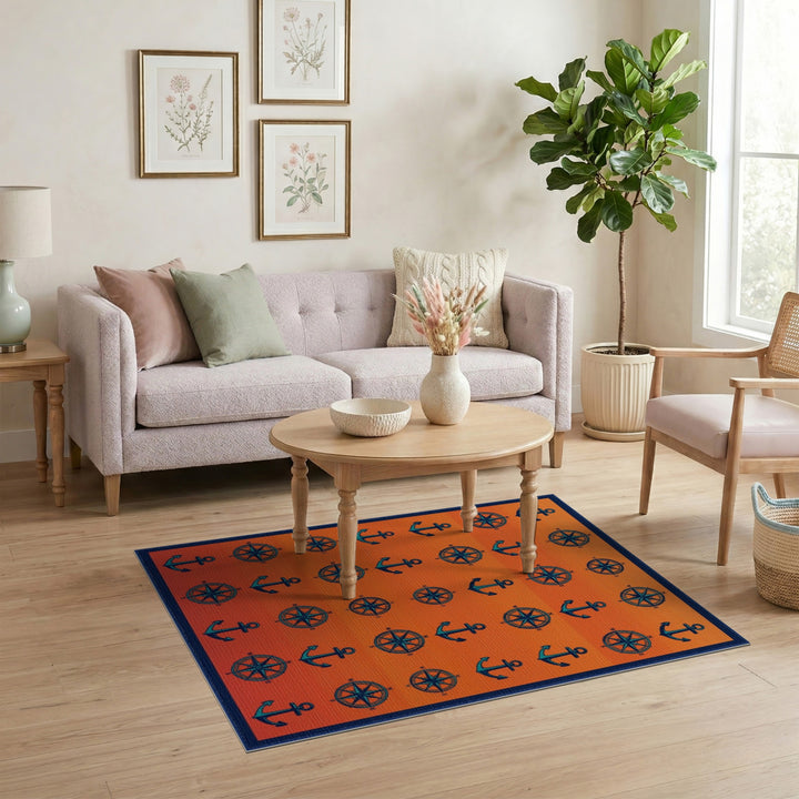 Orange Anchor Compass Coastal Area Rug