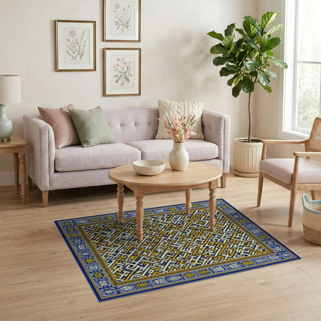 Blue Gold Geometric Maze Area Rug