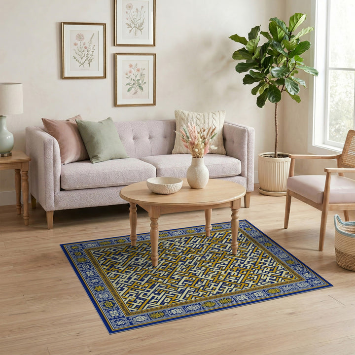 Blue Gold Geometric Maze Area Rug