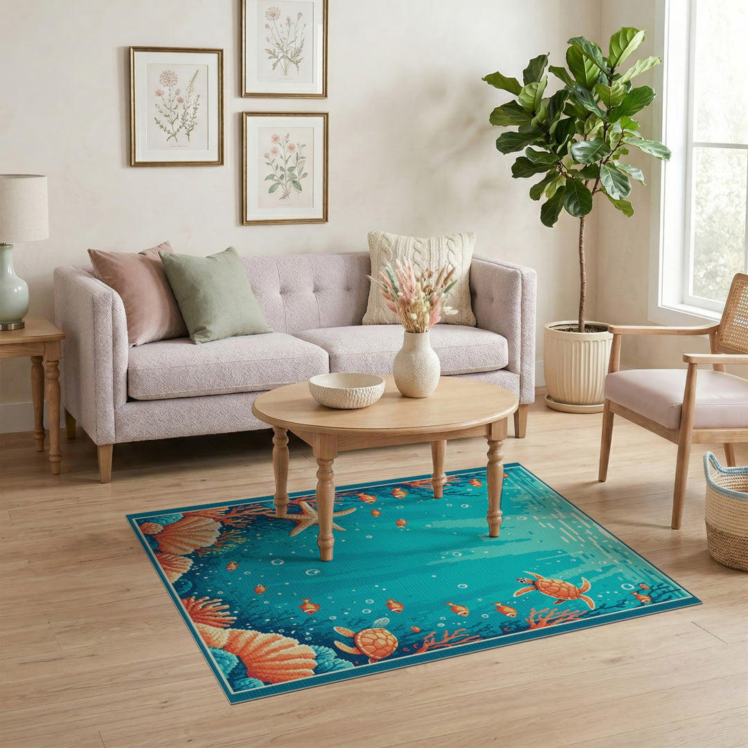 Sea Turtle Blue Teal Washable Area Rug