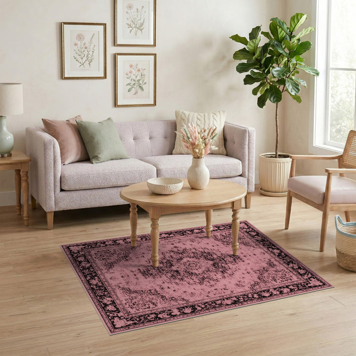 Pink Distressed Vintage Floral Medallion Rug