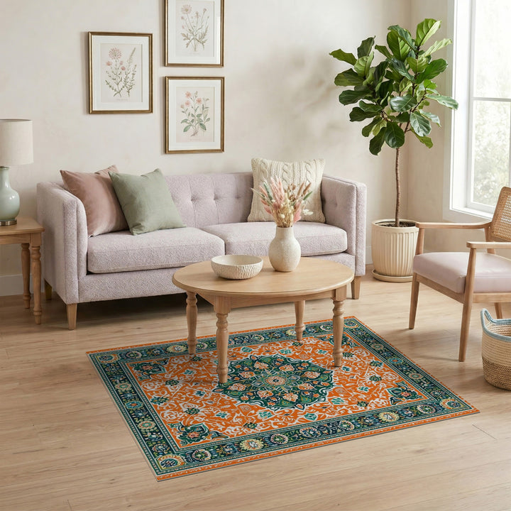 Orange Vibrant Orange Floral Medallion Area Rug