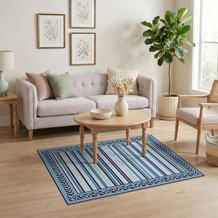 Blue Striped Heritage Area Rug with Knot Border