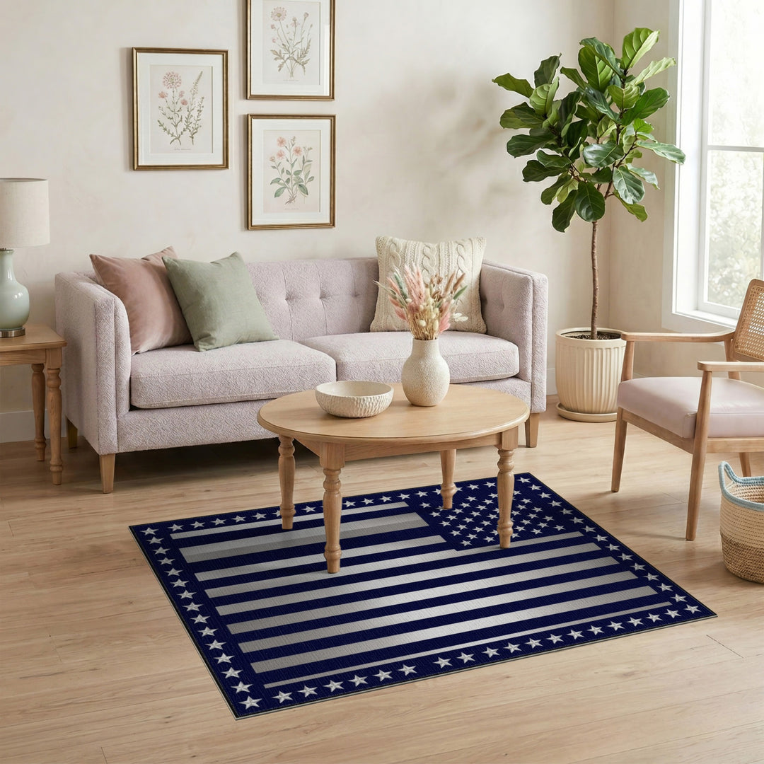 Navy Silver Stripe Flag Area Rug
