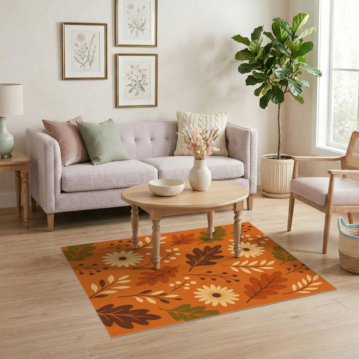 Orange Autumn Floral Area Rug with Daisies