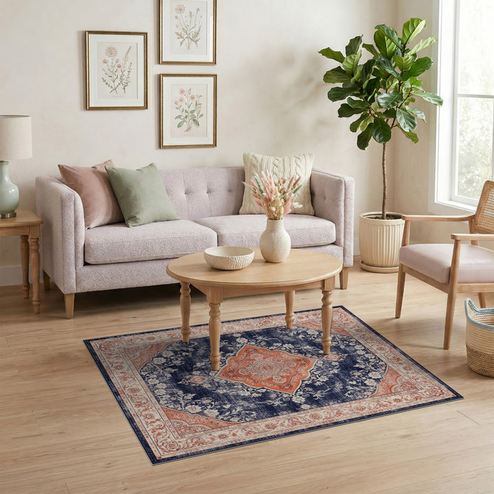 Blue and Teal Navy Blue Distressed Vintage Medallion Area Rug