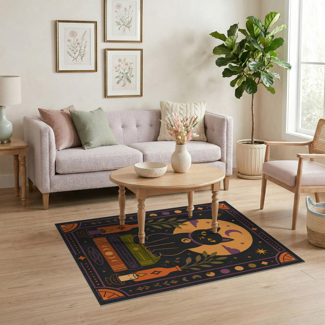 Mystical Black Cat Moon Area Rug