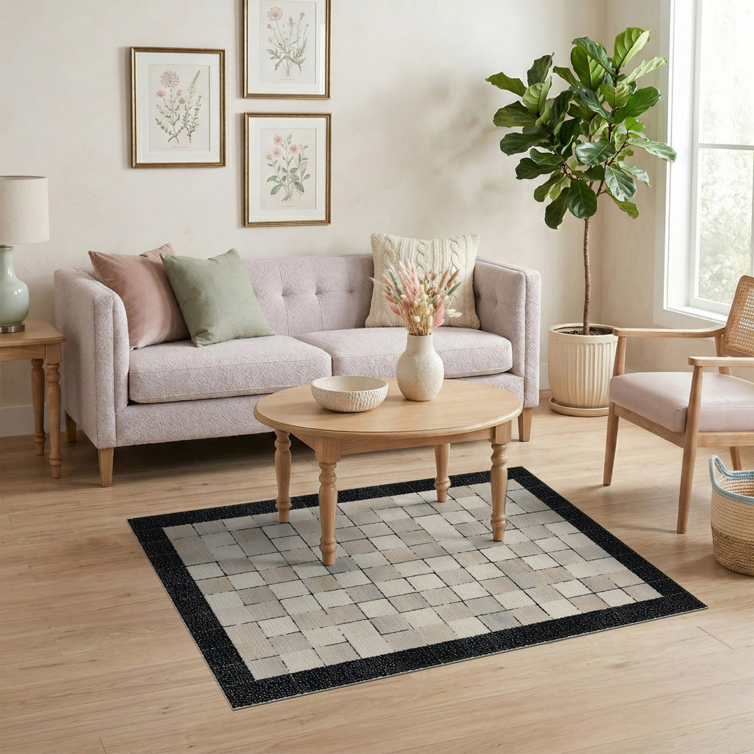 Geometric Modern Beige Neutral Geometric Grid Area Rug