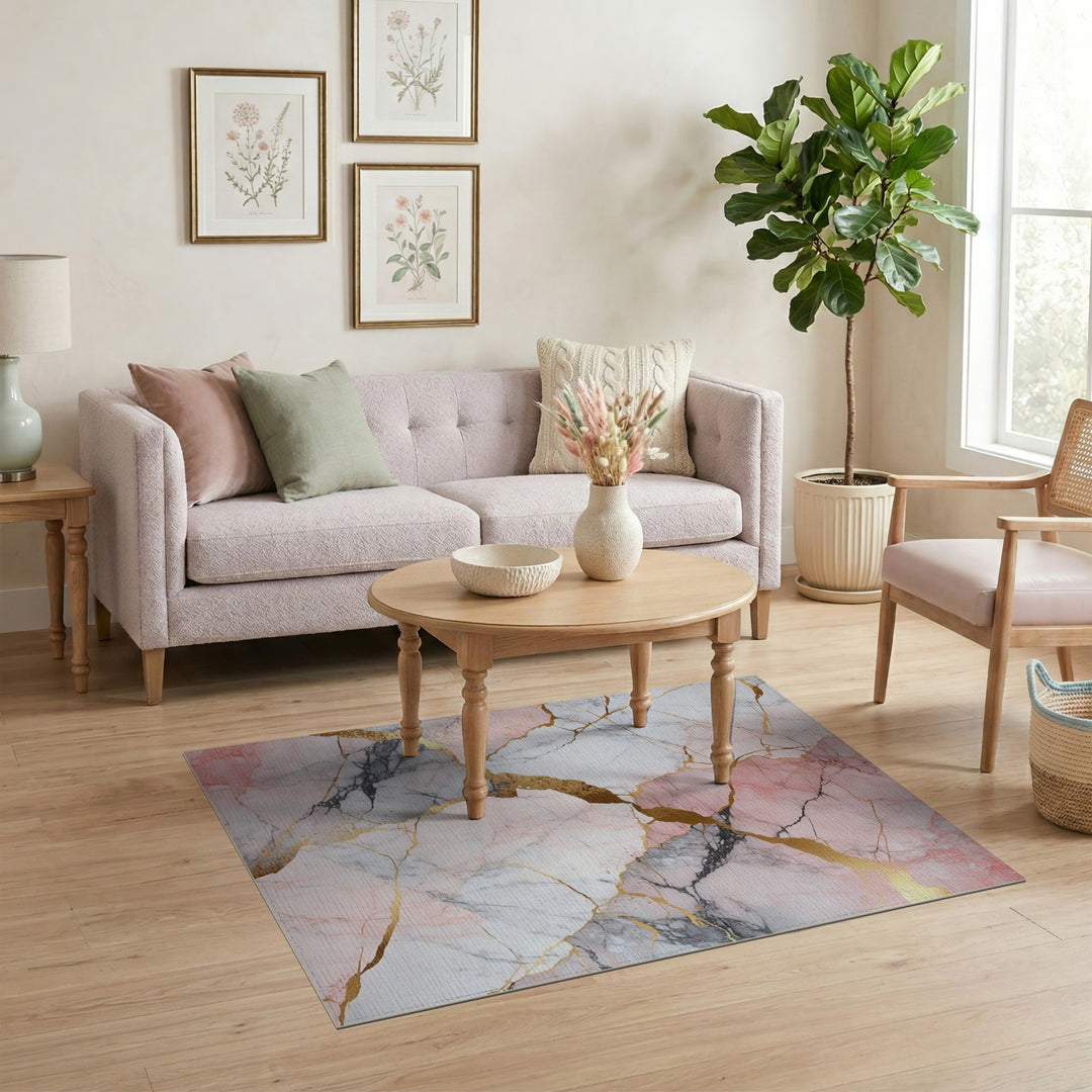 Abstract Area Pink Marble Gold Area Rug