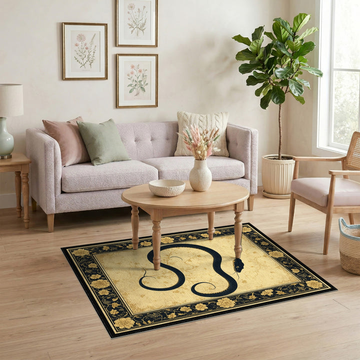 Black Serpent Beige Floral Vintage Area Rug