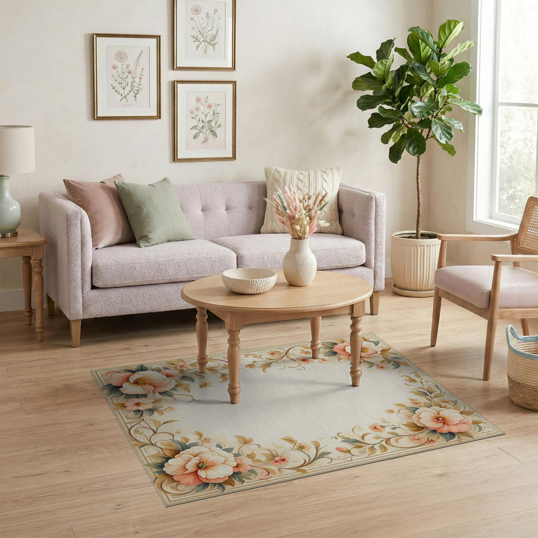 Pink Peony Floral Vintage Area Rug