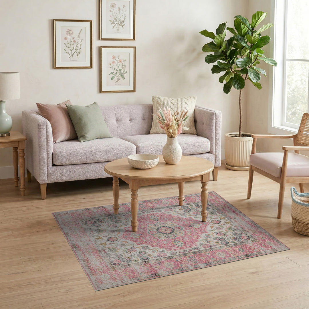 Pink Floral Vintage Medallion Area Rug