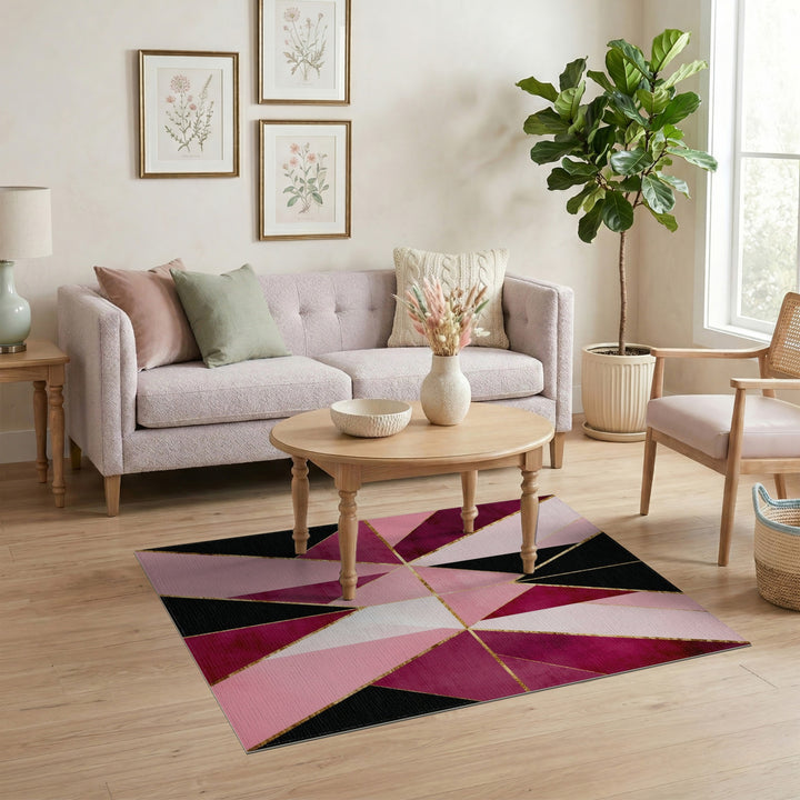 Geometric Modern Pink Geometric Area Rug with Gold Accents