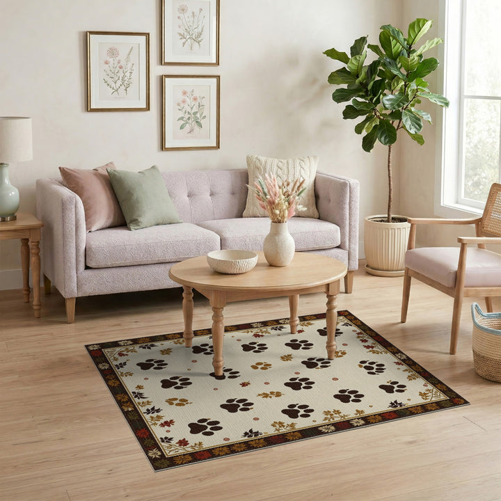 Beige Paw Print Area Rug with Autumn Leaf Border