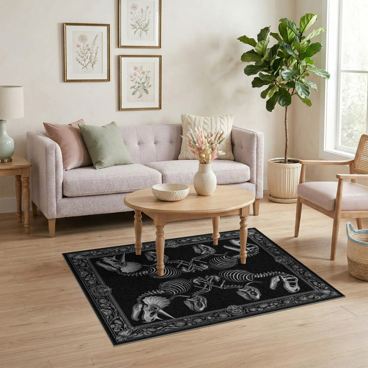Black White Dinosaur Skeleton Area Rug