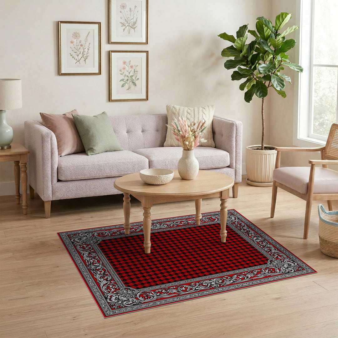 Red Houndstooth Ornate Border Area Rug