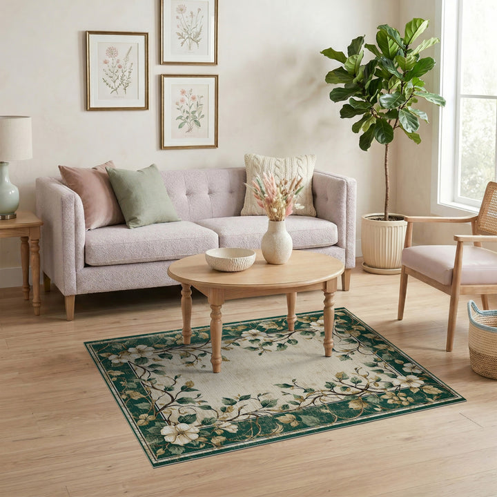 Green Floral Vintage Area Rug
