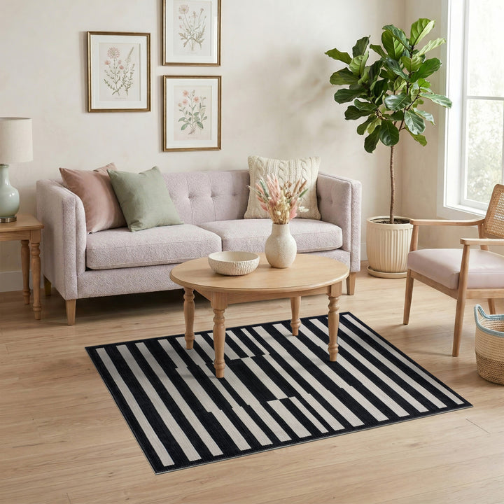Black White Offset Stripe Geometric Area Rug