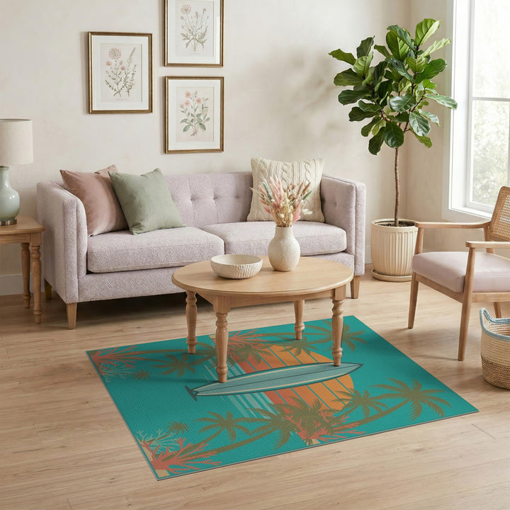 Blue and Teal Retro Surfboard Coastal Area Rug