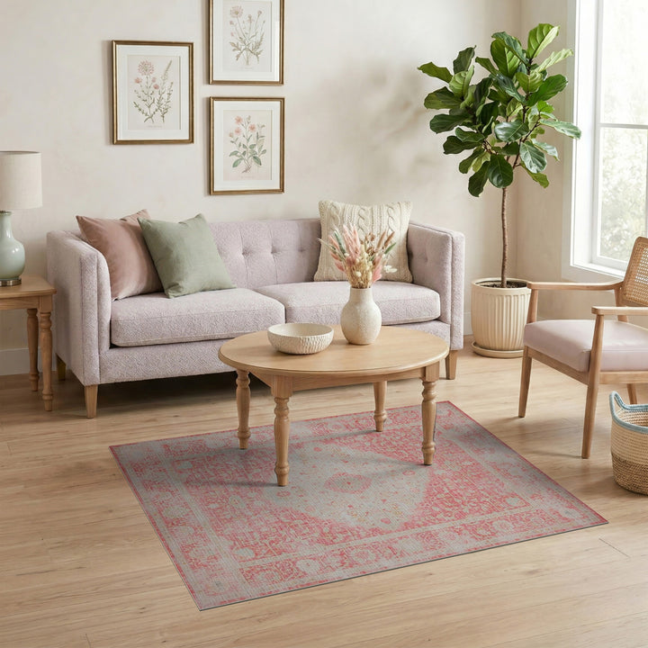 Pink Distressed Floral Medallion Area Rug