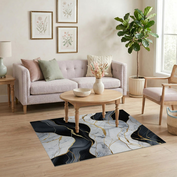 Black White Marble Gold Vein Abstract Area Rug