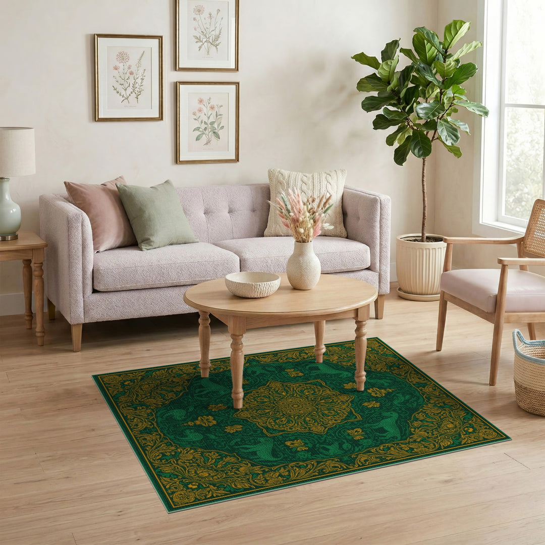 Green Gold Leopard Medallion Area Rug