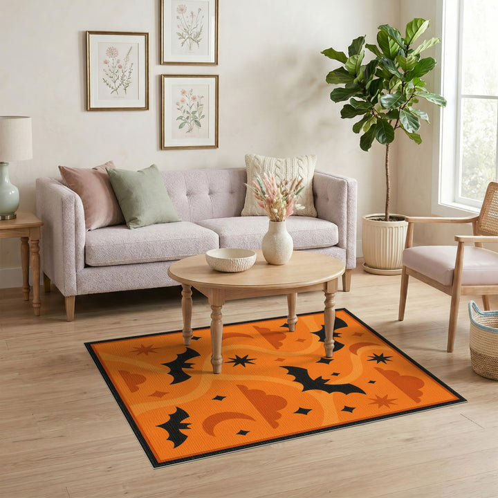 Orange Kids Cartoon Orange Halloween Bats Area Rug