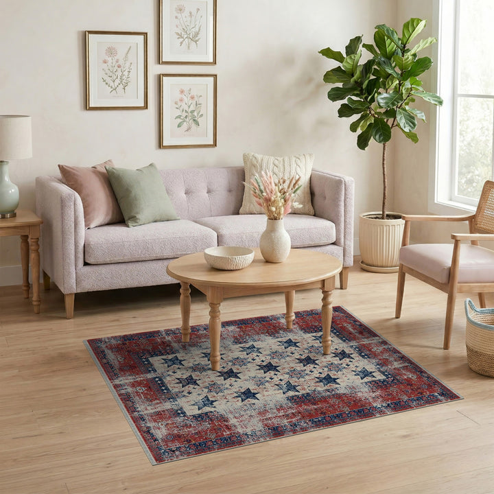 Red Distressed Patriotic Star Area Rug