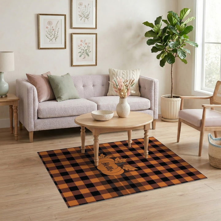 Hello Pumpkin Orange Plaid Area Rug