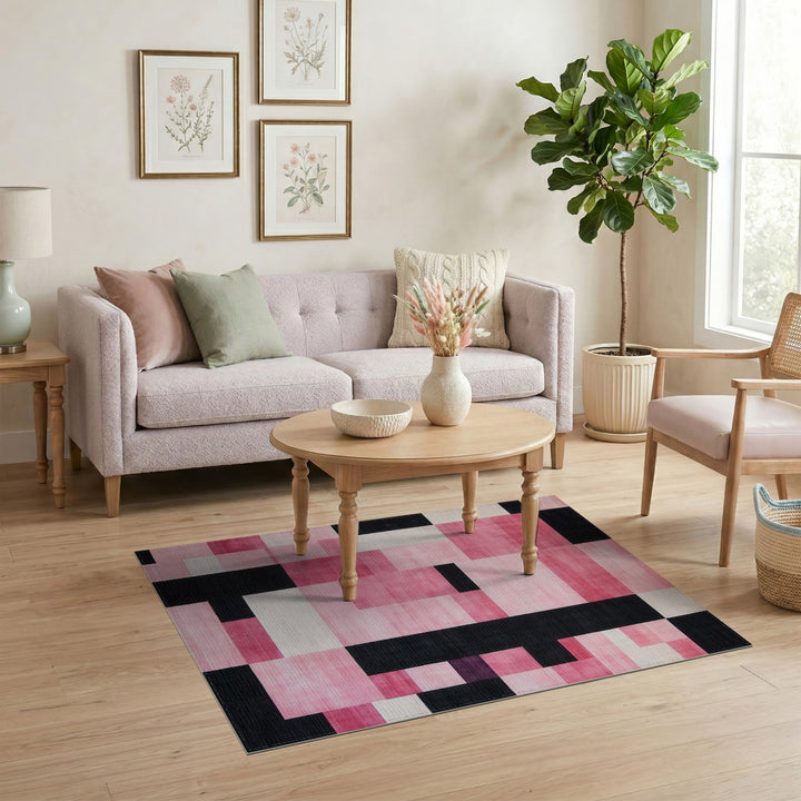 Pink Black Geometric Area Rug