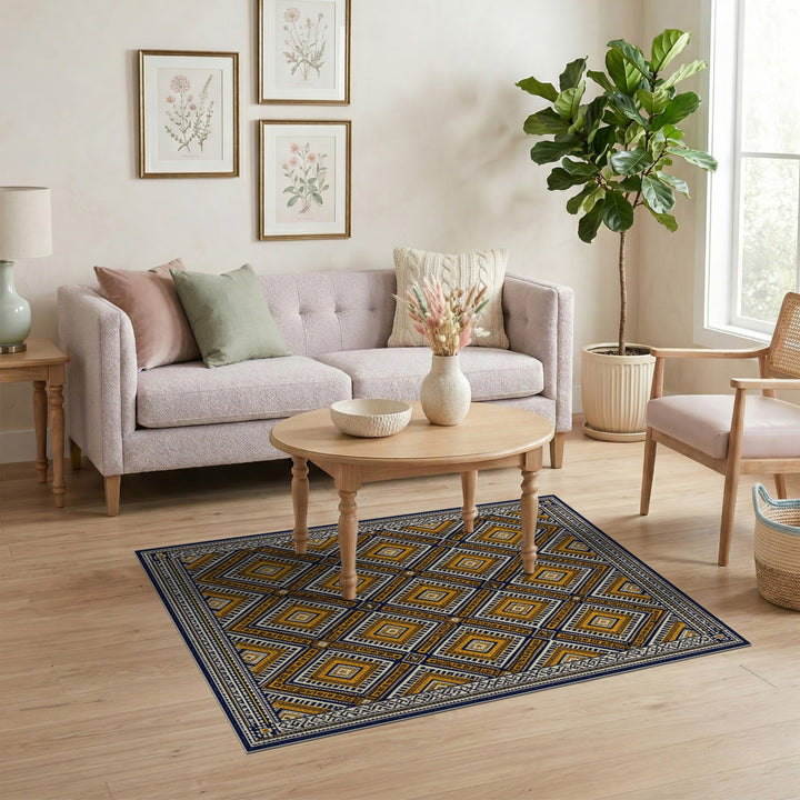 Navy Blue Yellow Geometric Tribal Area Rug
