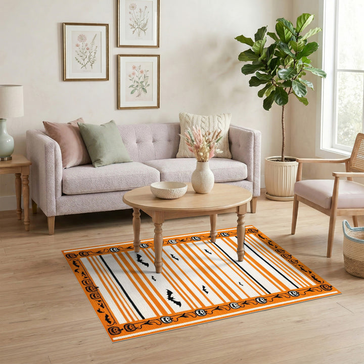 Orange Halloween Striped Area Rug with Bats and Pumpkins