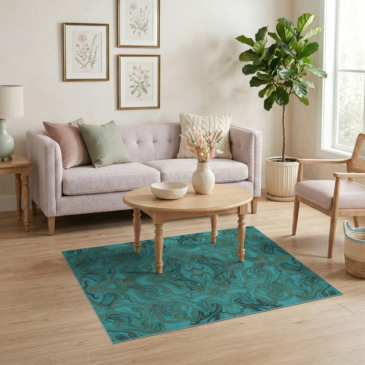 Teal Marble Swirl Washable Area Rug